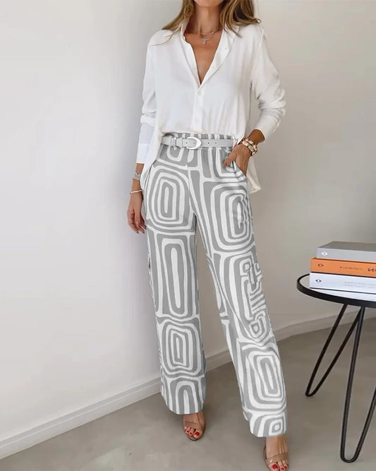 Dianne | Long Sleeve Shirt and Abstract Trouser Set | Belt Included