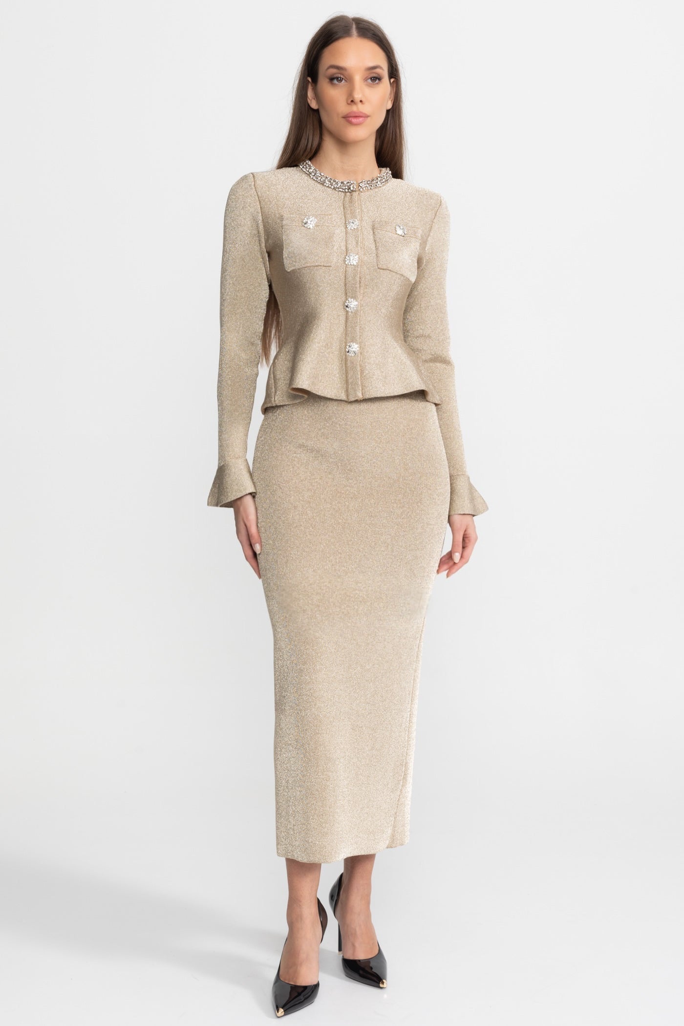 Cleo | Shimmer Knit Peplum Midi Dress
