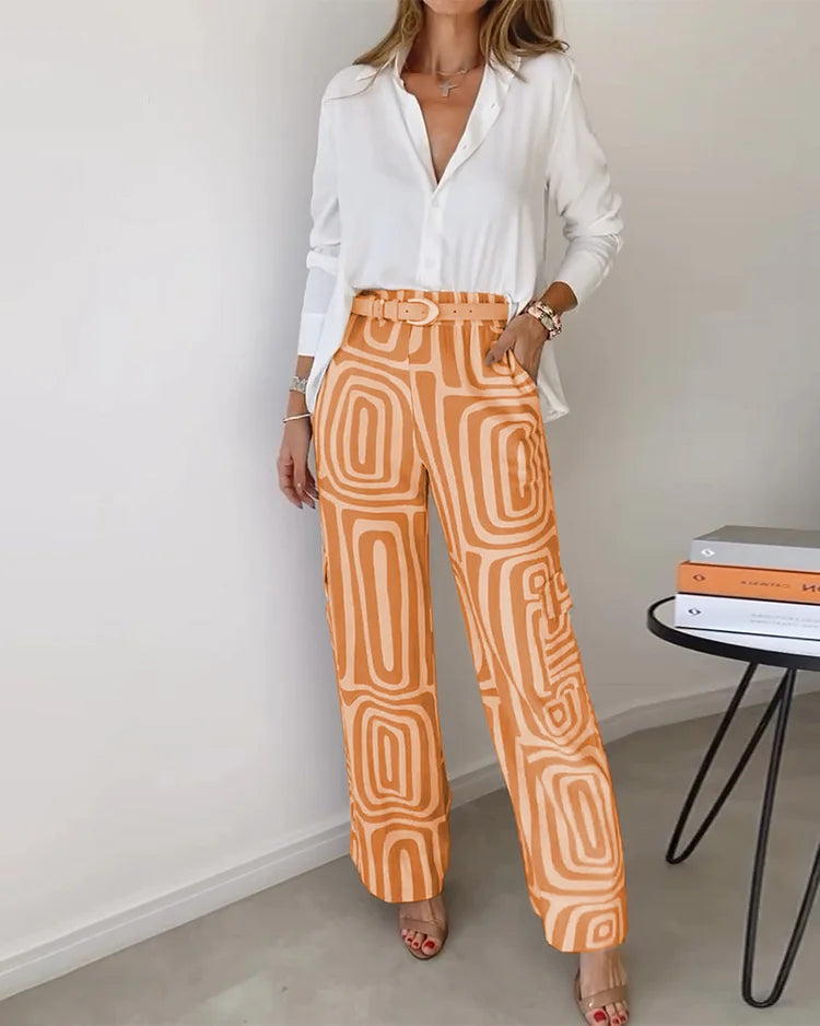 Dianne | Long Sleeve Shirt and Abstract Trouser Set | Belt Included