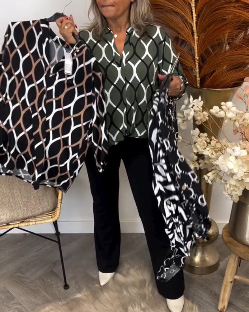 Adelaide | Geometric V-Neck Roll-Sleeve Blouse