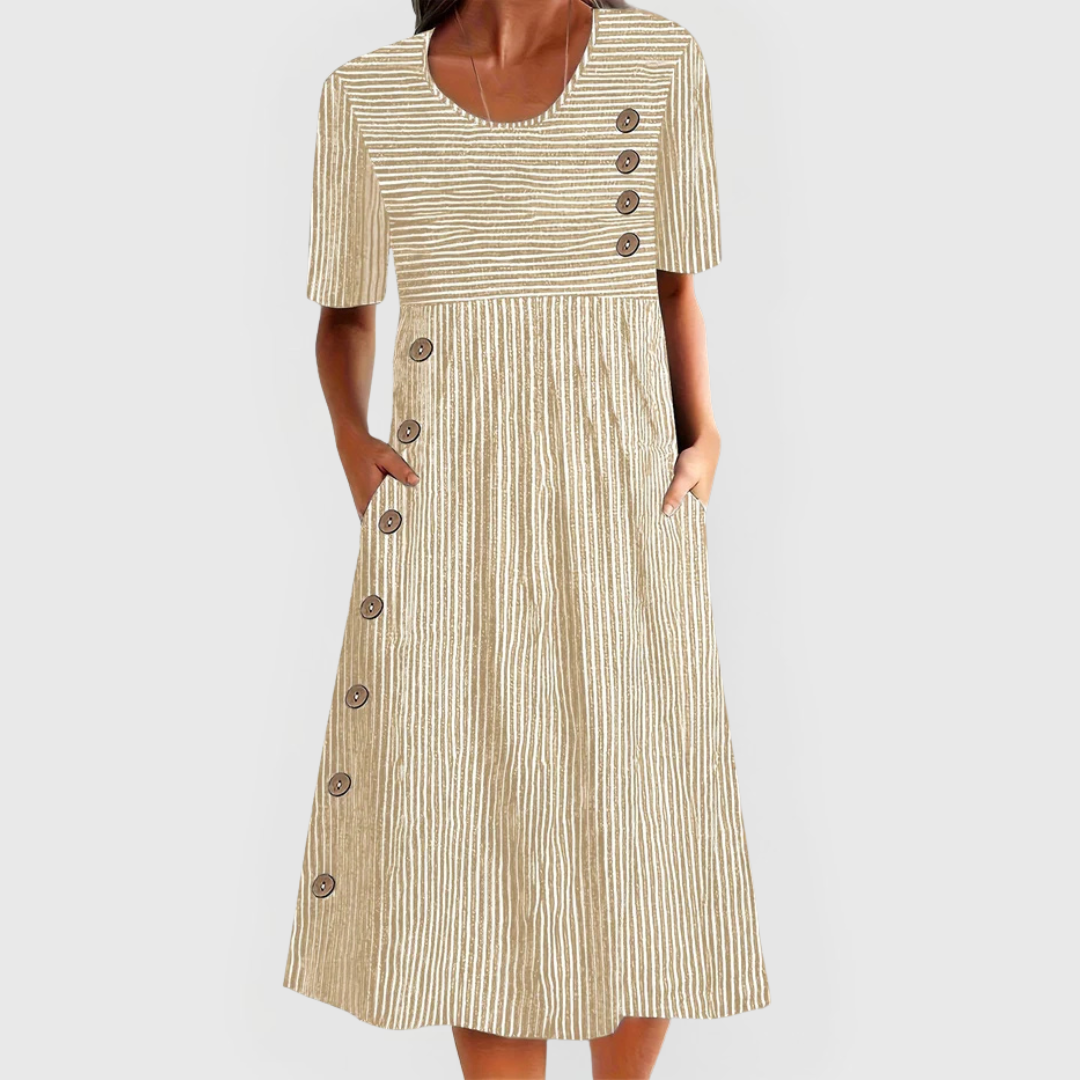Eleanor | Striped Button Accent Midi Dress