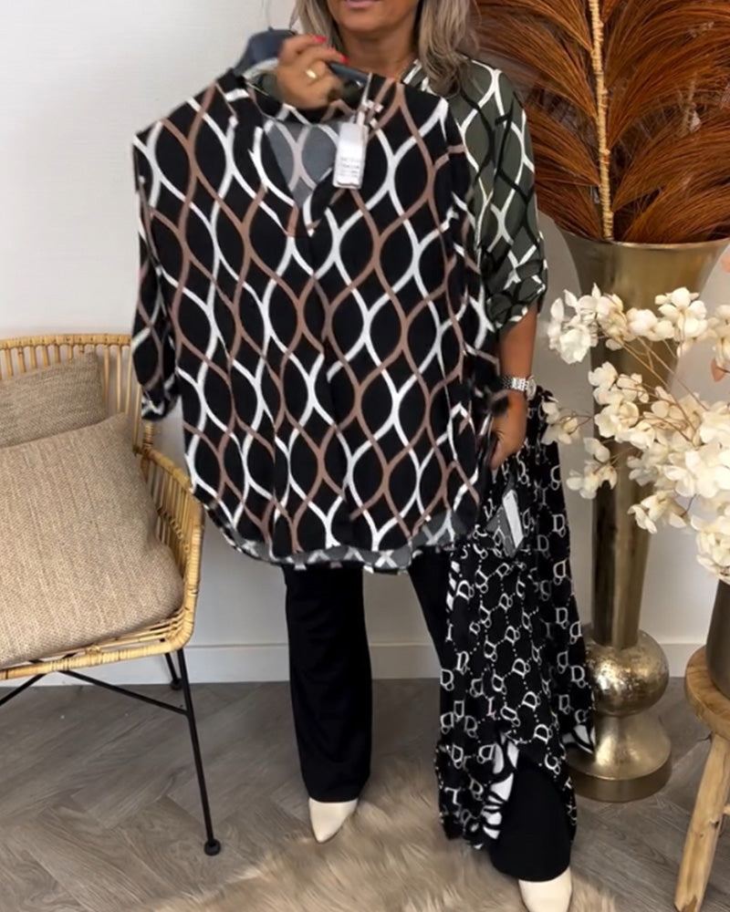 Adelaide | Geometric V-Neck Roll-Sleeve Blouse