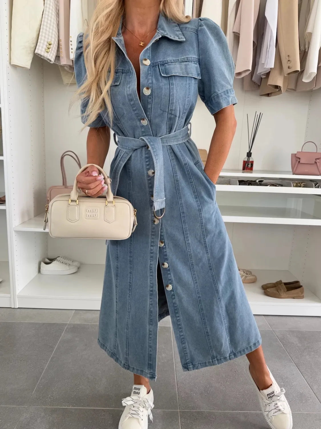 Chloe | Puff-Sleeve Denim Midi Dress