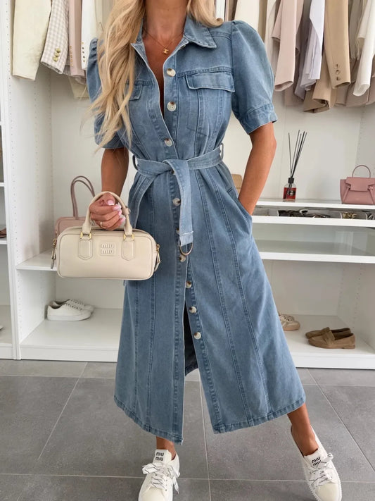 Chloe | Puff-Sleeve Denim Midi Dress