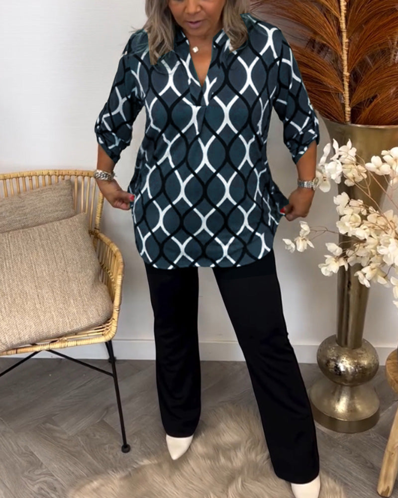 Adelaide | Geometric V-Neck Roll-Sleeve Blouse