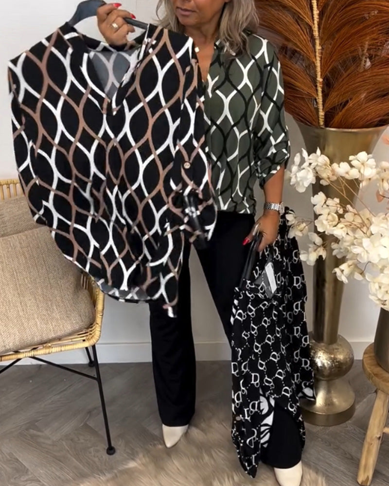 Adelaide | Geometric V-Neck Roll-Sleeve Blouse