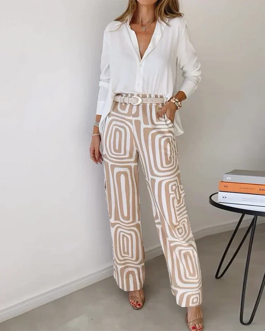 Dianne | Long Sleeve Shirt and Abstract Trouser Set | Belt Included