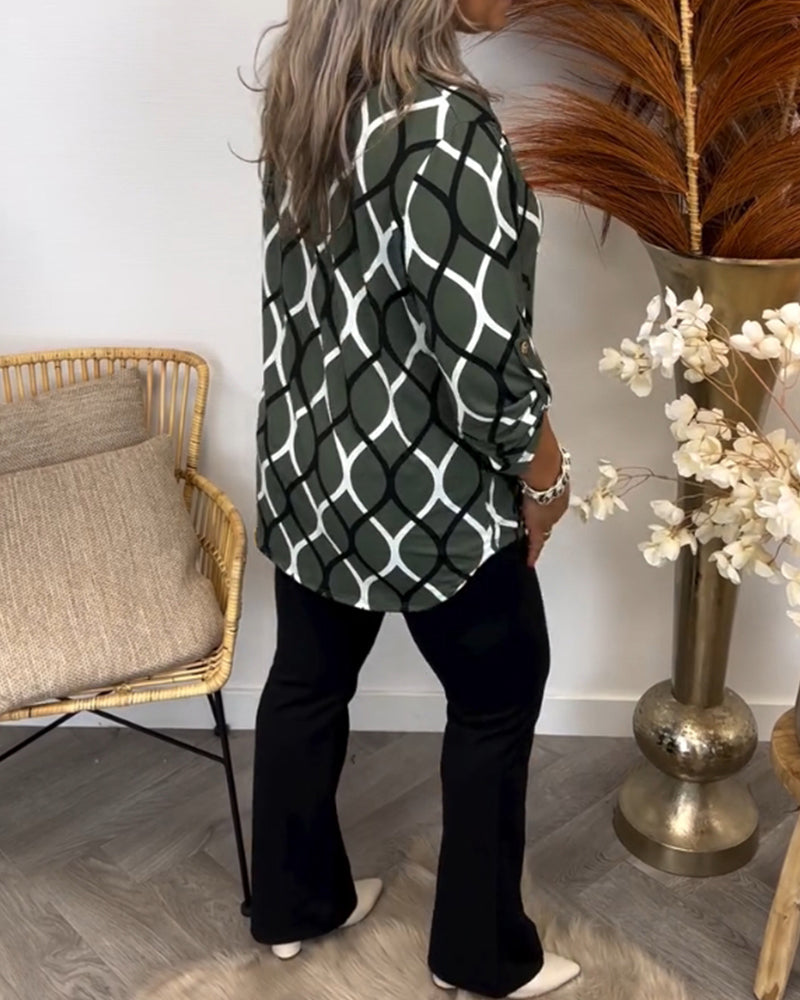 Adelaide | Geometric V-Neck Roll-Sleeve Blouse
