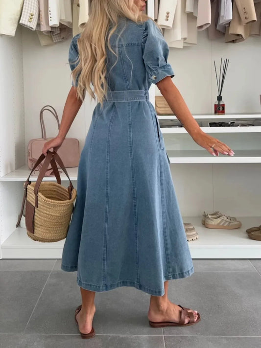 Chloe | Puff-Sleeve Denim Midi Dress