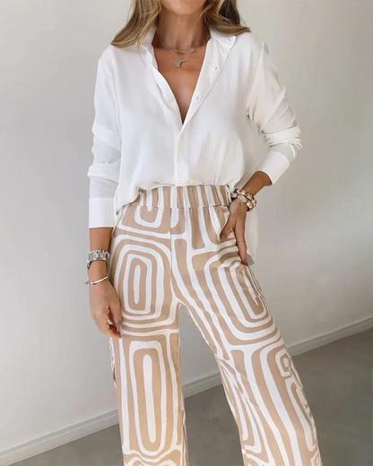 Dianne | Long Sleeve Shirt and Abstract Trouser Set | Belt Included