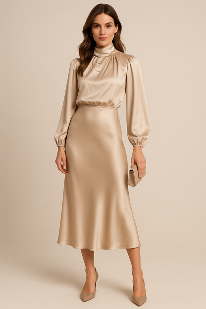 Chloe | Satin High-Neck Midi Dress