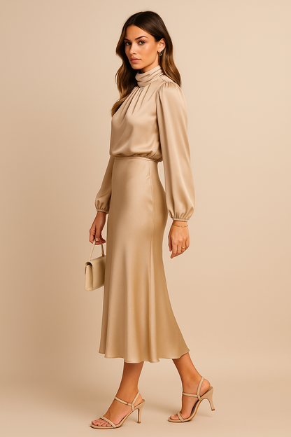 Chloe | Satin High-Neck Midi Dress