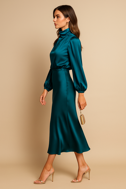 Chloe | Satin High-Neck Midi Dress