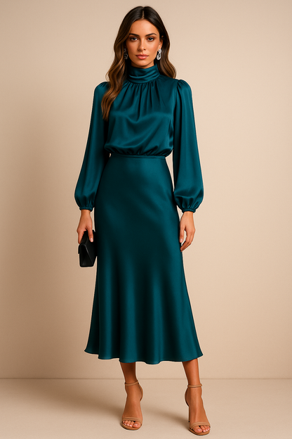 Chloe | Satin High-Neck Midi Dress