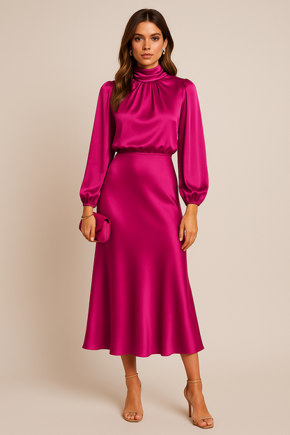 Chloe | Satin High-Neck Midi Dress