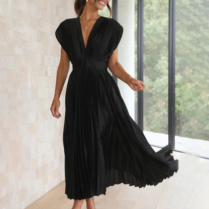 Seraphina | Pleated Satin V-Neck Maxi Dress
