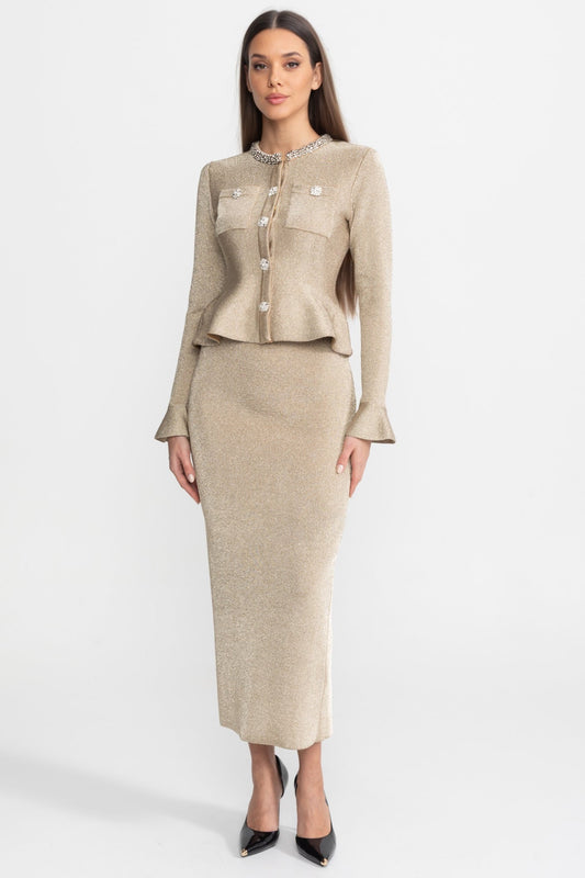 Cleo | Shimmer Knit Peplum Midi Dress