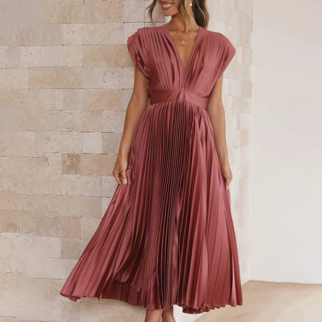 Seraphina | Pleated Satin V-Neck Maxi Dress