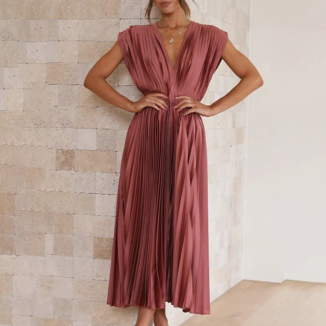 Seraphina | Pleated Satin V-Neck Maxi Dress