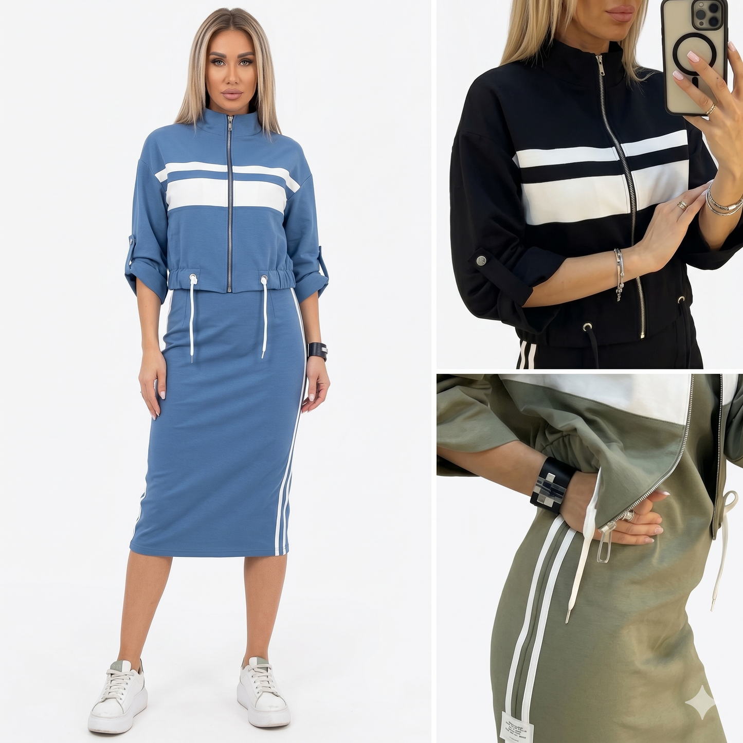 Serena | Striped Zip-Up Jacket and Midi Dress Set