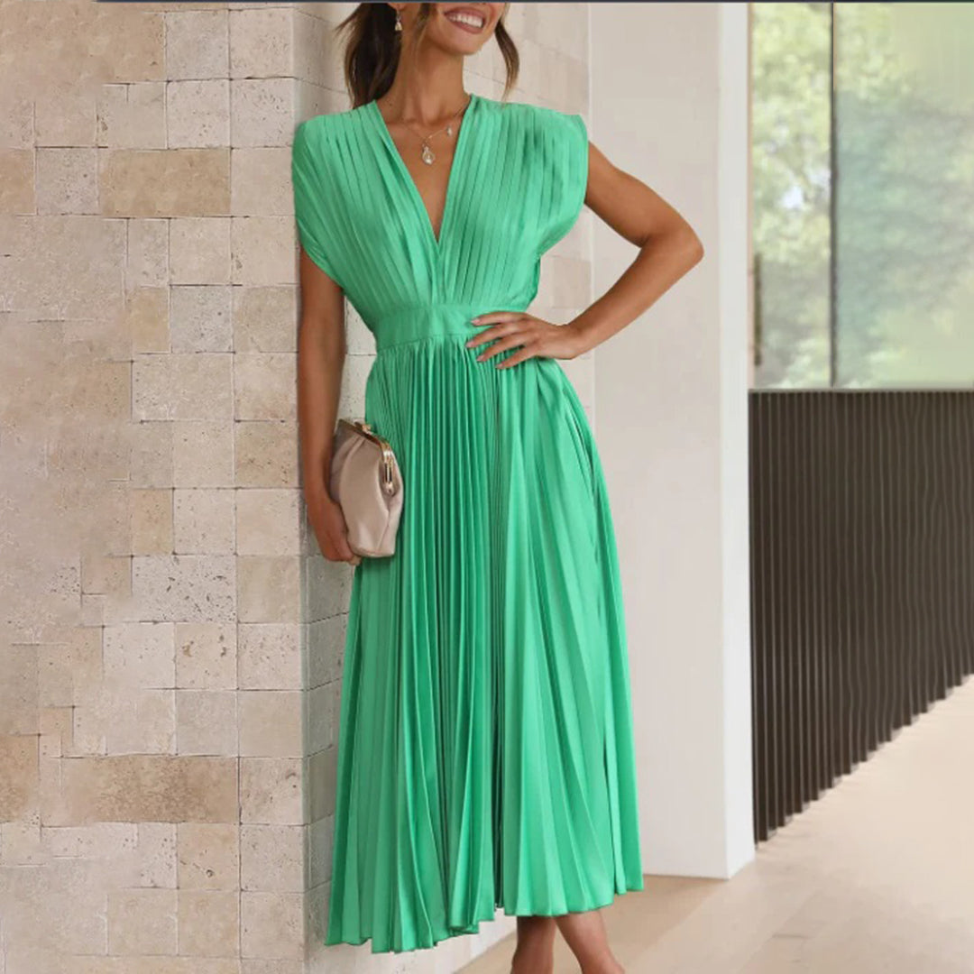 Seraphina | Pleated Satin V-Neck Maxi Dress