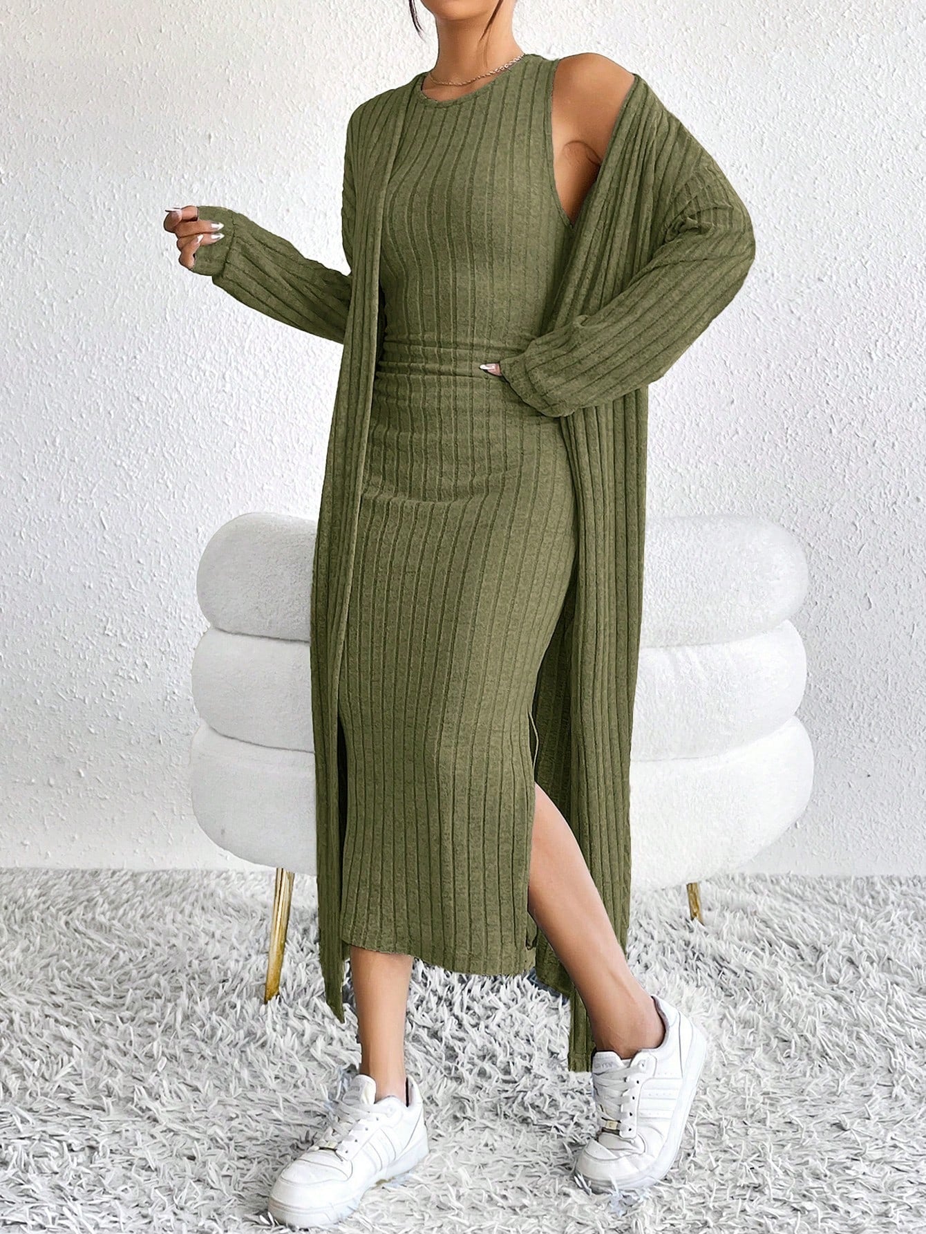 Briar | Ribbed Midi Dress and Longline Cardigan Set