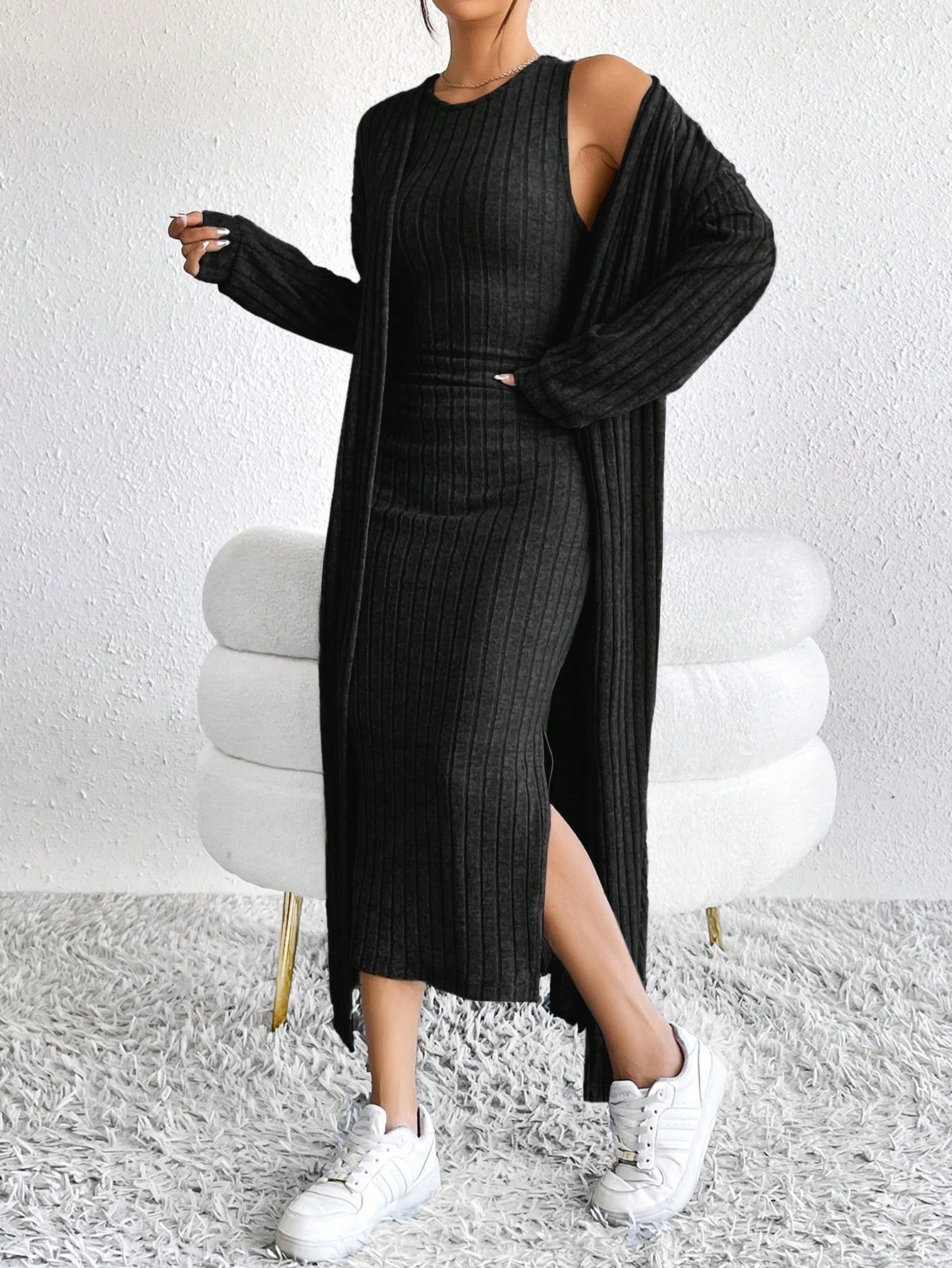 Briar | Ribbed Midi Dress and Longline Cardigan Set