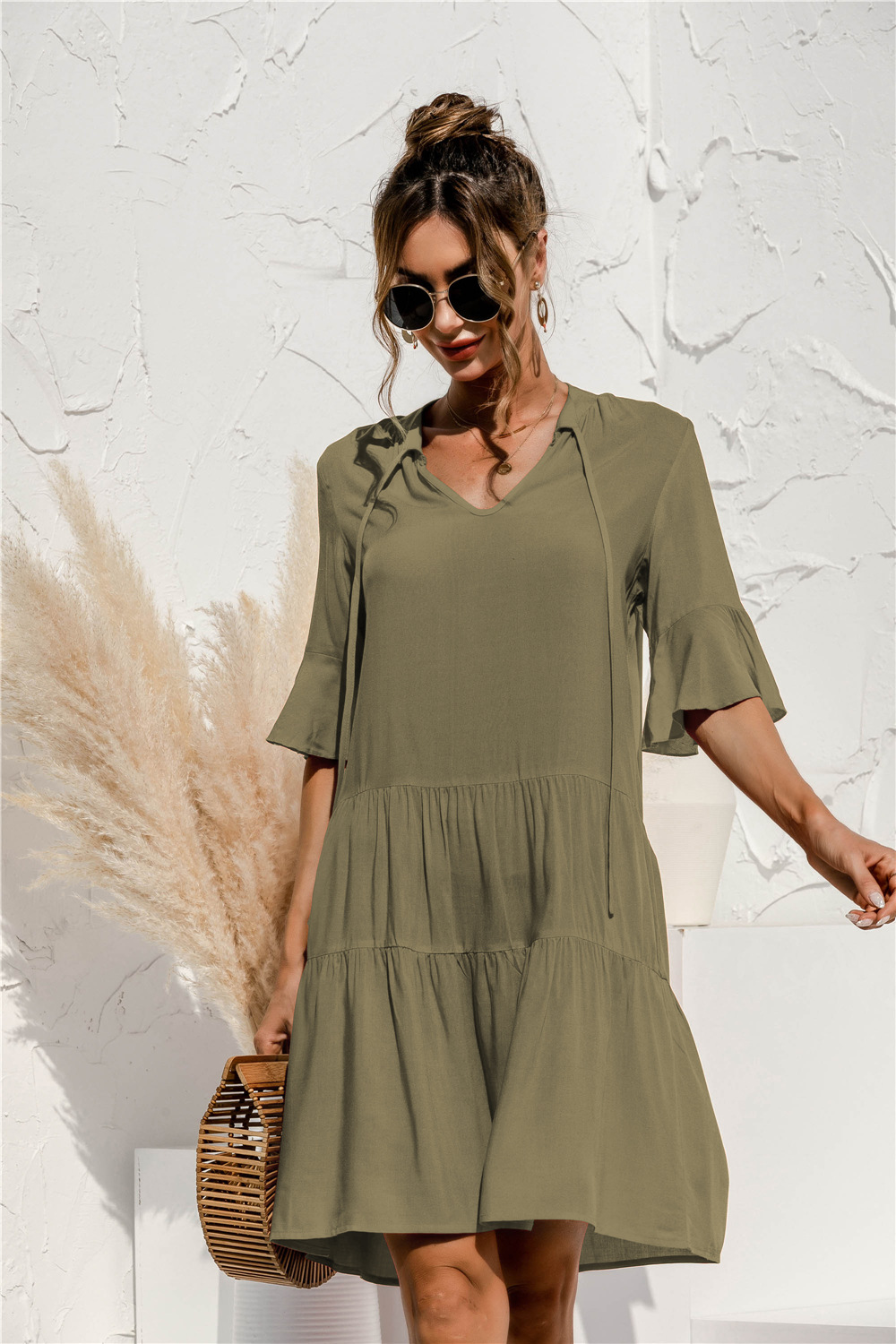 Madison | Tiered V-Neck Flutter-Sleeve Dress