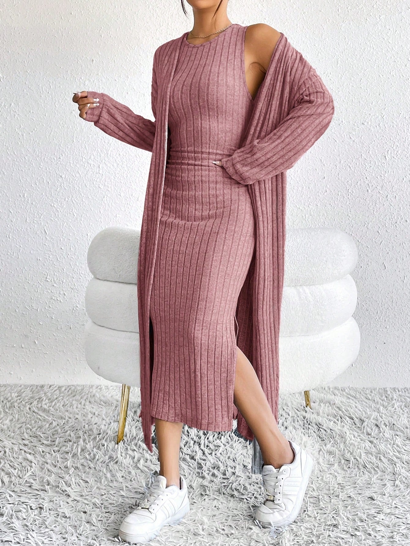 Briar | Ribbed Midi Dress and Longline Cardigan Set