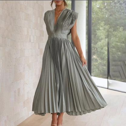 Seraphina | Pleated Satin V-Neck Maxi Dress