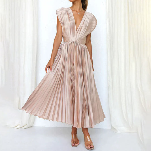 Seraphina | Pleated Satin V-Neck Maxi Dress