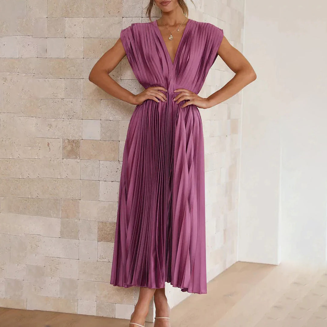 Seraphina | Pleated Satin V-Neck Maxi Dress