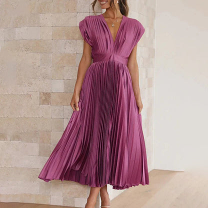 Seraphina | Pleated Satin V-Neck Maxi Dress