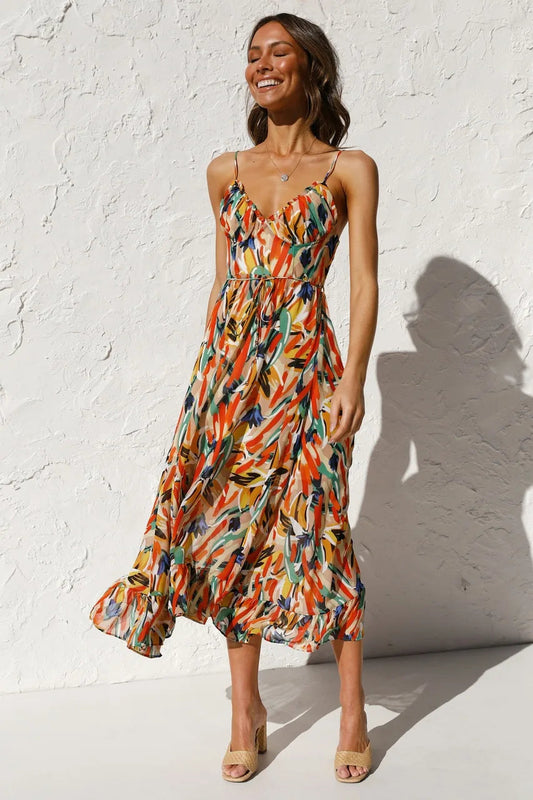 Chloe | Abstract Strappy Midi Dress