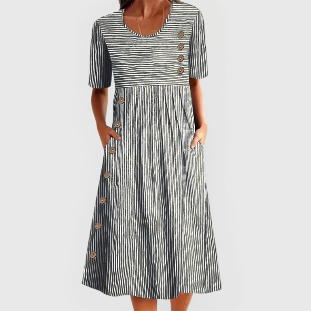 Eleanor | Striped Button Accent Midi Dress