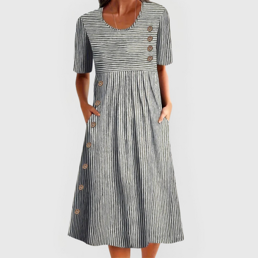 Eleanor | Striped Button Accent Midi Dress