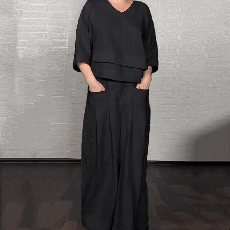 Claire | V-Neck Flowy Top and Wide-Leg Pants Set