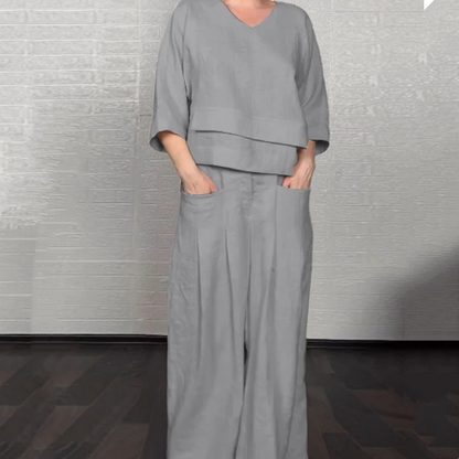 Claire | V-Neck Flowy Top and Wide-Leg Pants Set