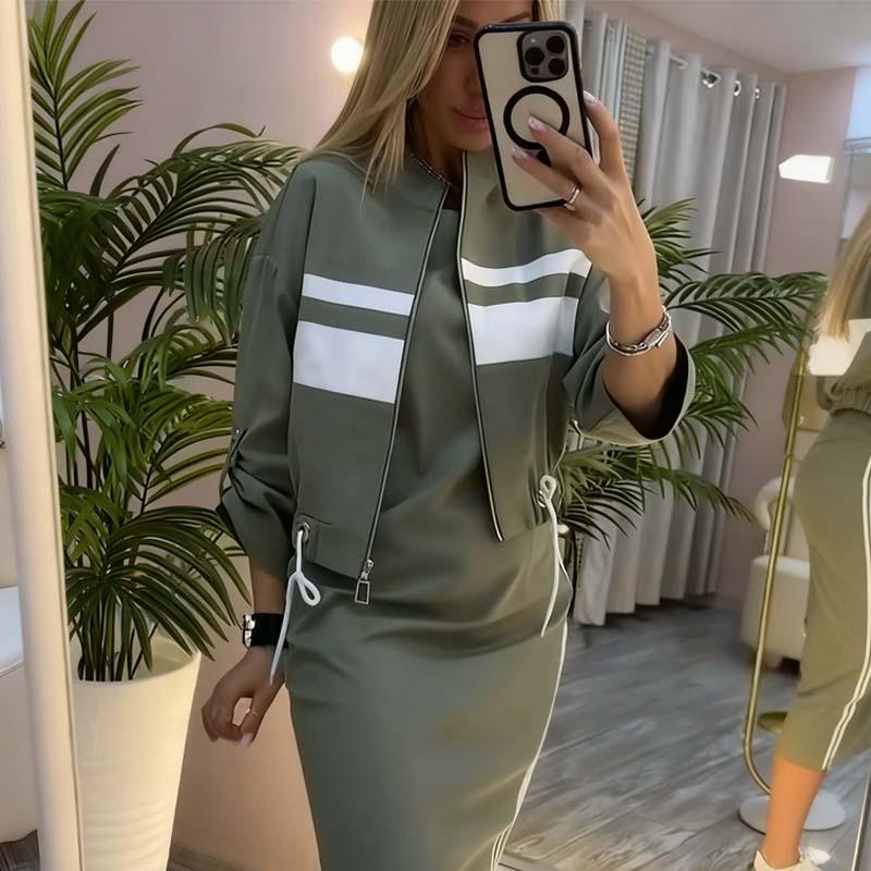Serena | Striped Zip-Up Jacket and Midi Dress Set