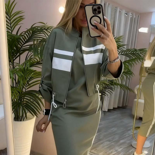 Serena | Striped Zip-Up Jacket and Midi Dress Set