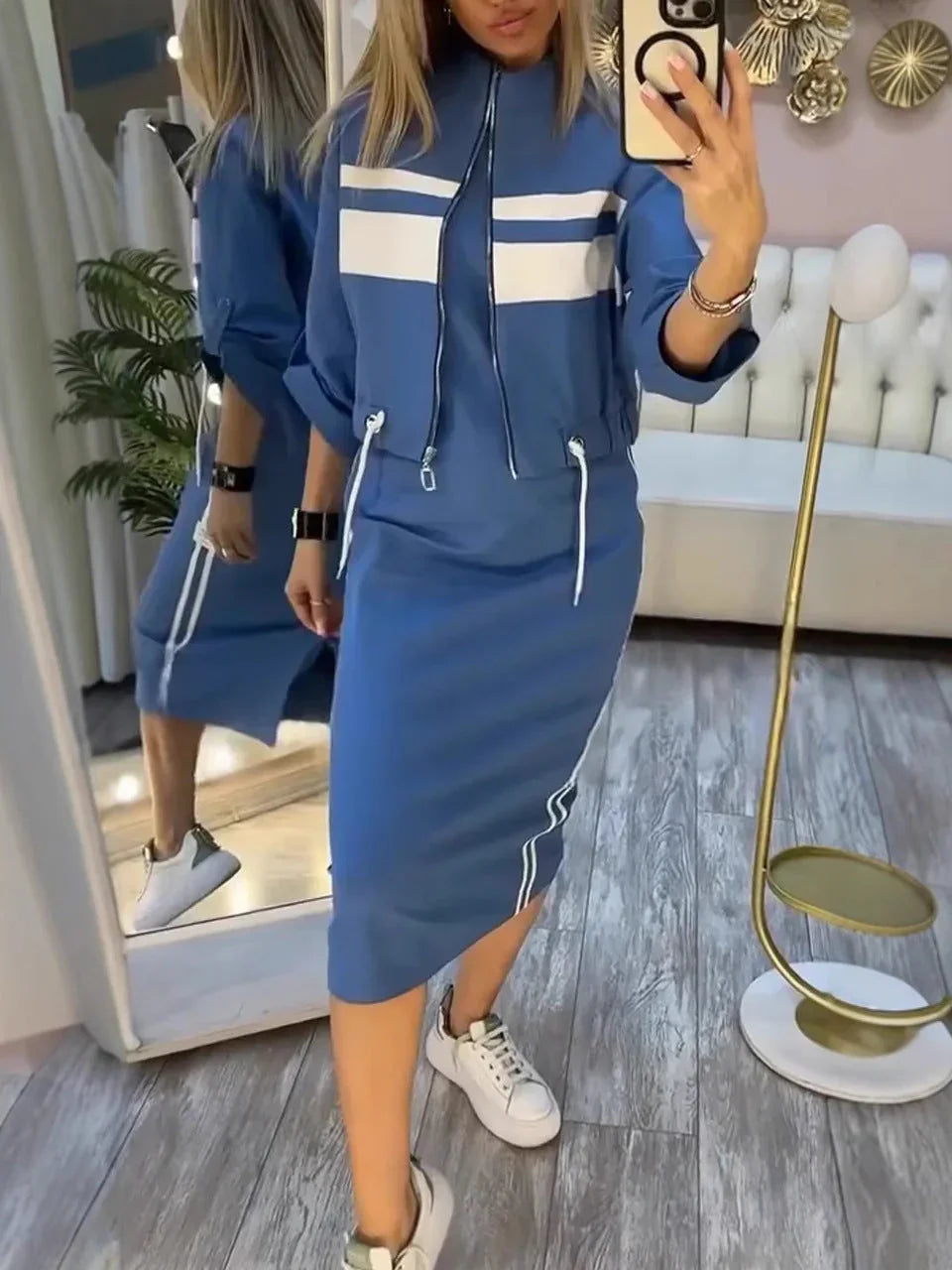 Serena | Striped Zip-Up Jacket and Midi Dress Set