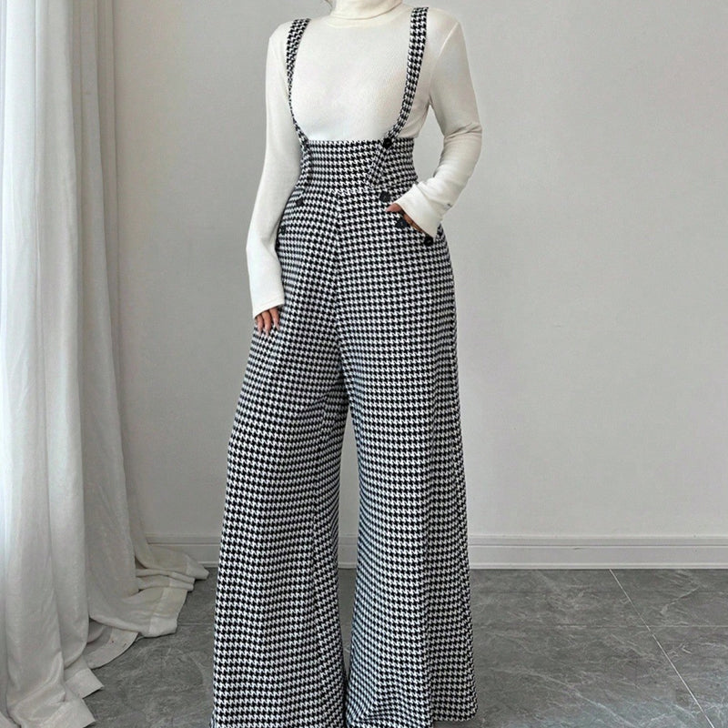 Trisha | Houndstooth Wide-Leg Pinafore Pants